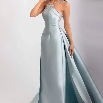 Elegant Blue Beaded Cross-Neck Satin Prom Evening Dress with Overskirt SP086