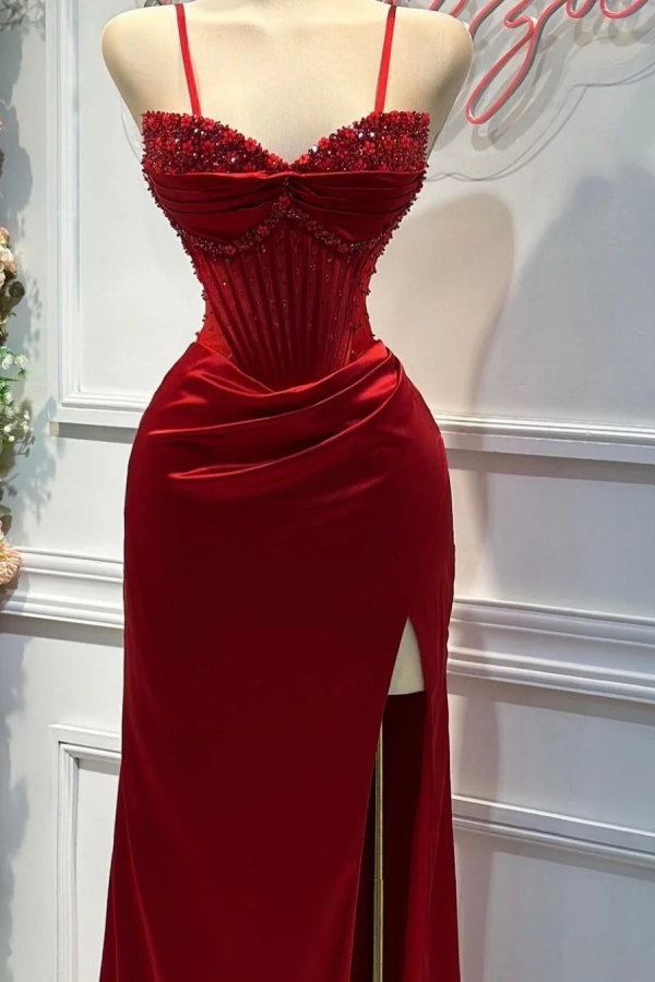 Stunning Beaded Burgundy Sweetheart Sheath Satin Prom Dress SP066