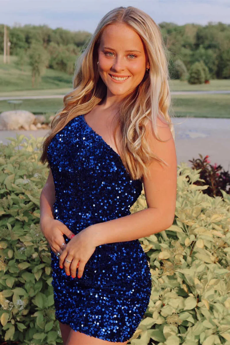 Elegant One Shoulder Navy Blue Sequined Homecoming Gown HM114