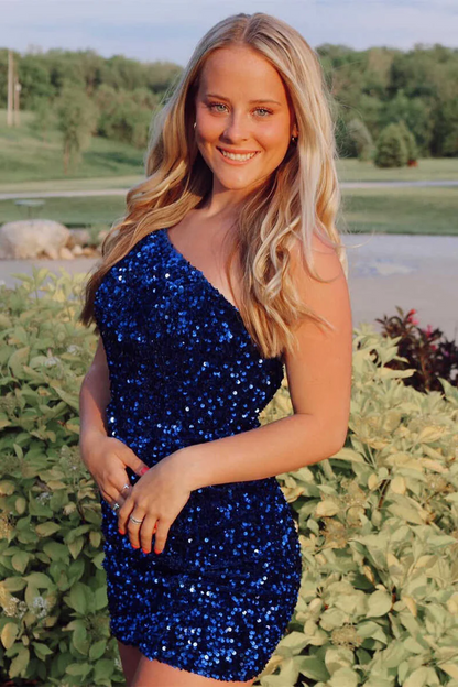 Elegant One Shoulder Navy Blue Sequined Homecoming Gown HM114