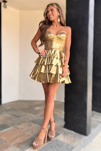 Elegant Gold Sweetheart A-Line Metallic Homecoming Gown HM115
