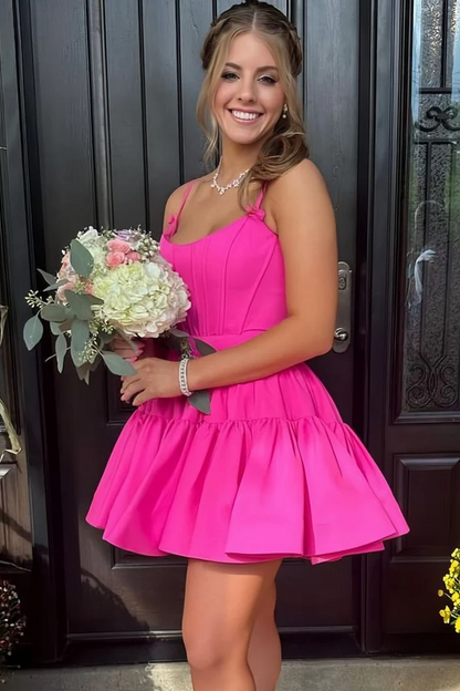 Chic Black Soop Neck A-Line Ruffles Satin Mini Homecoming Dress with Bows HM119