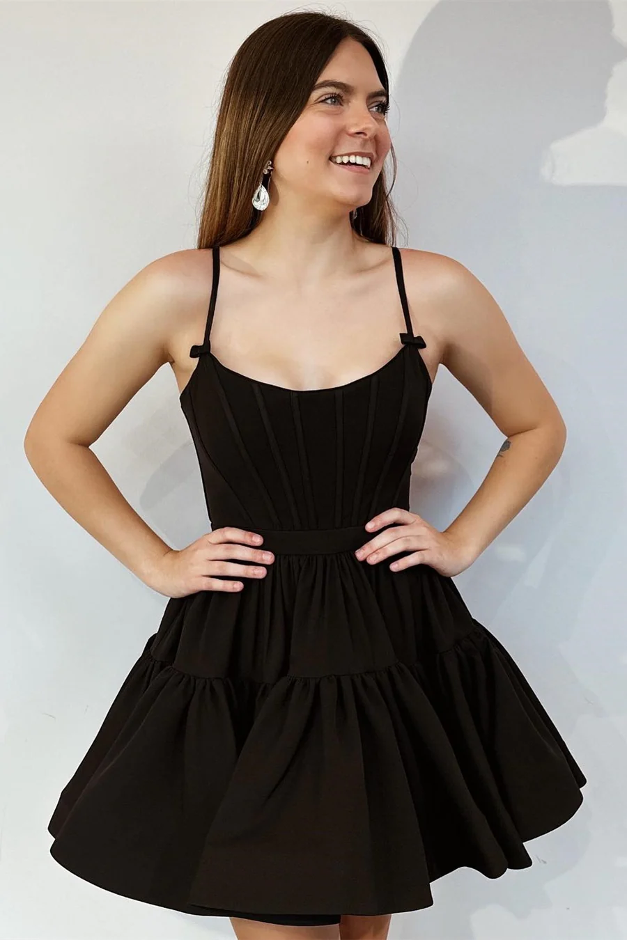 Chic Black Soop Neck A-Line Ruffles Satin Mini Homecoming Dress with Bows HM119