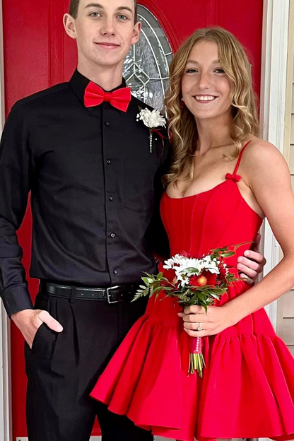 Chic Black Soop Neck A-Line Ruffles Satin Mini Homecoming Dress with Bows HM119