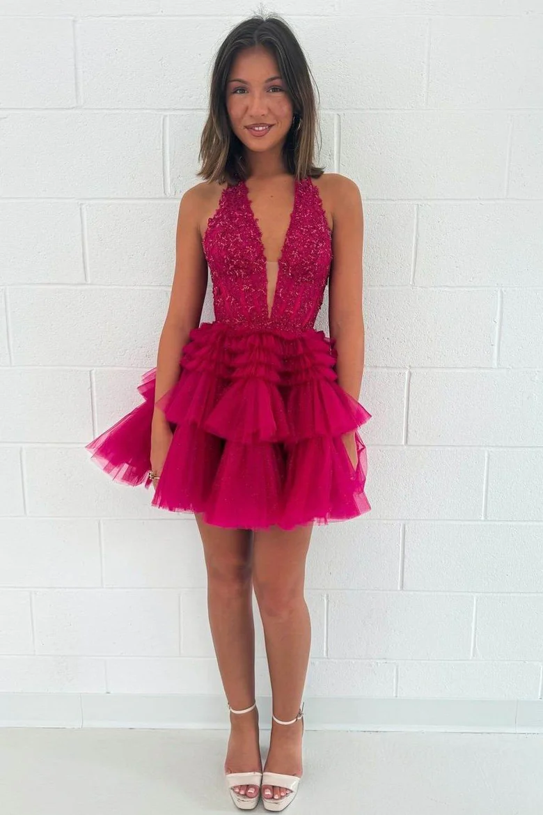 Elegant Halter V-Neck A-Line Tiered Glitter Fuchsia Midi Homecoming Dress HM120