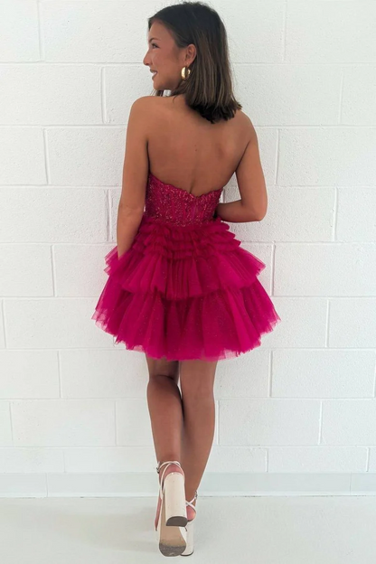 Elegant Halter V-Neck A-Line Tiered Glitter Fuchsia Midi Homecoming Dress HM120