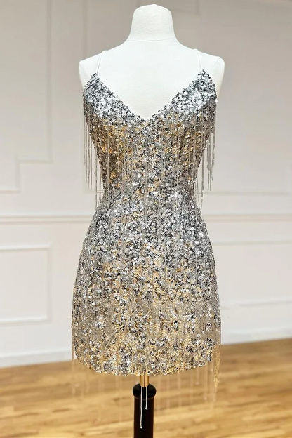 Spaghetti Straps Sequined Homecoming Dress Short Party Gown with Tassels HM126