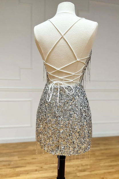 Spaghetti Straps Sequined Homecoming Dress Short Party Gown with Tassels HM126