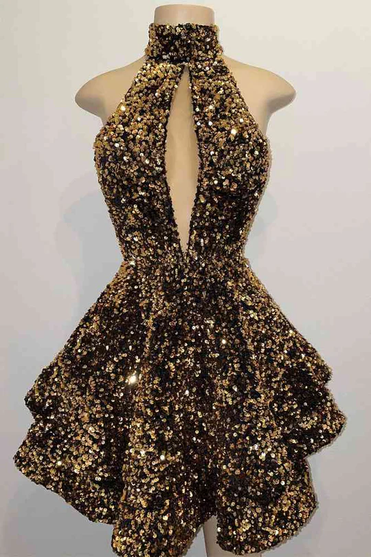 Gold Halter Keyhole A-Line Sequined Short Homecoming Dress HM127
