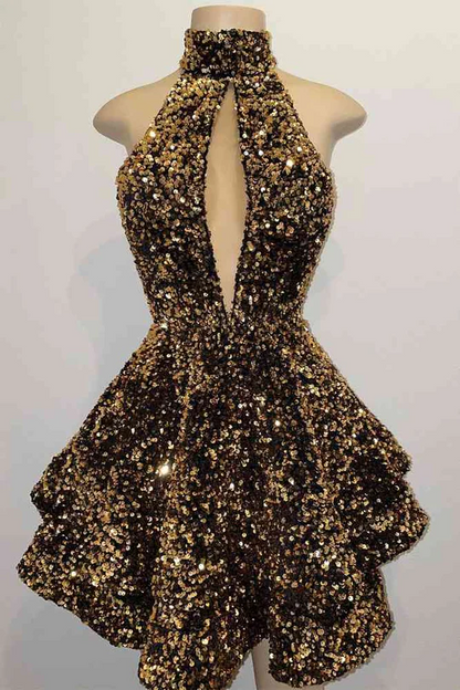 Gold Halter Keyhole A-Line Sequined Short Homecoming Dress HM127