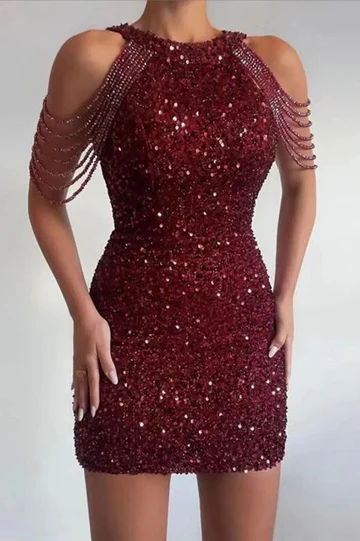 Sequined O-Neck Tight Homecoming Dress for Wemen with Tassels HM128