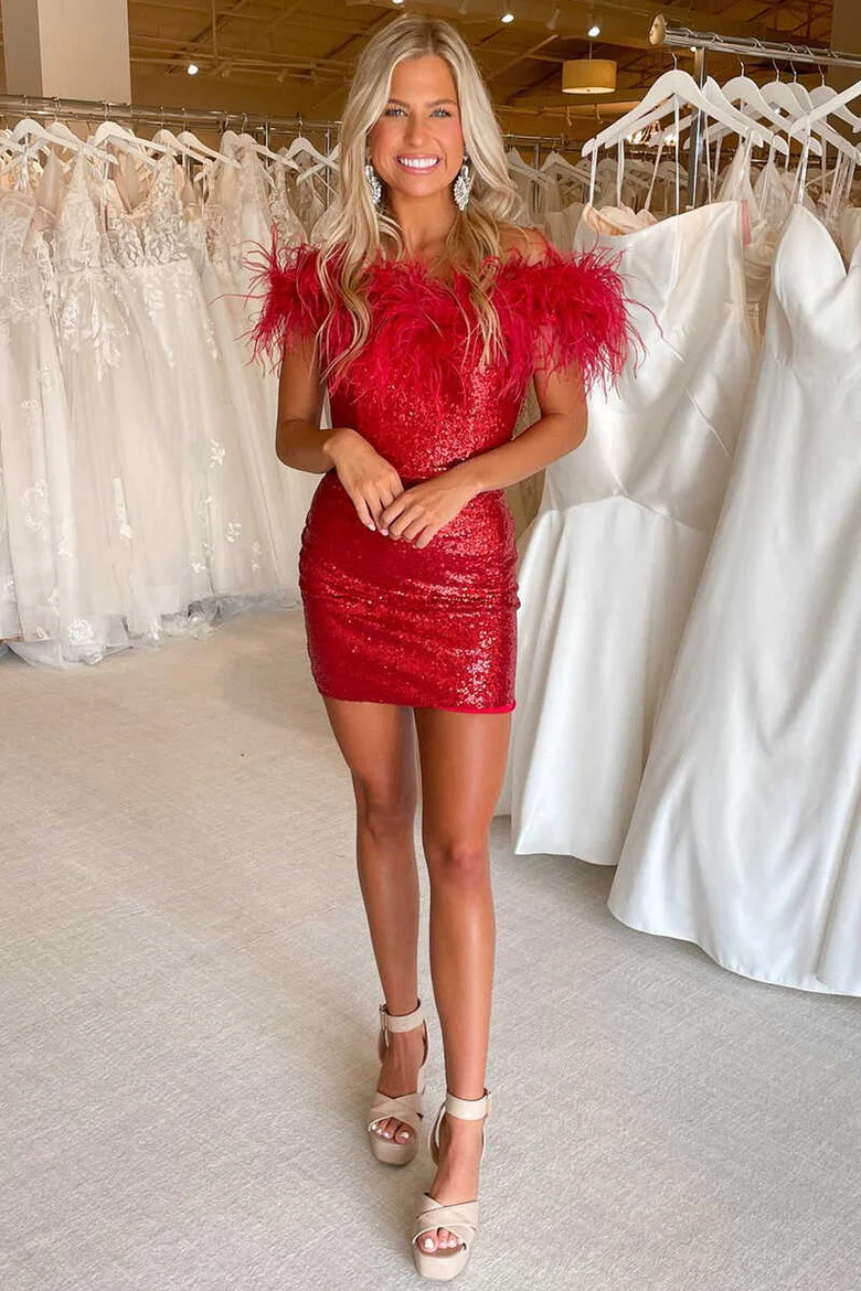 Sparkly Red Off Shoulder Tight Mini Homecoming Dress HM139