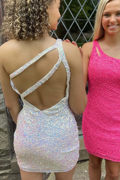 Sparkly One Shoulder Sequined Tight Mini Homecoming Gown HM140