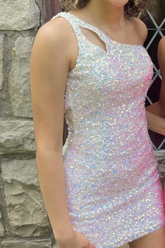 Sparkly One Shoulder Sequined Tight Mini Homecoming Gown HM140