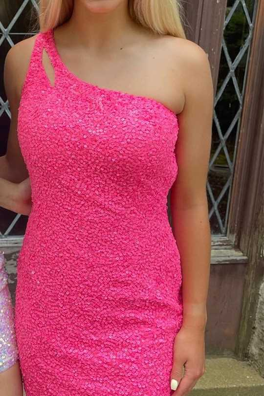 Sparkly One Shoulder Sequined Tight Mini Homecoming Gown HM140