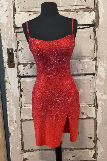 Sparkly Beaded paghetti Straps Tight Mini Homecoming Dress HM142