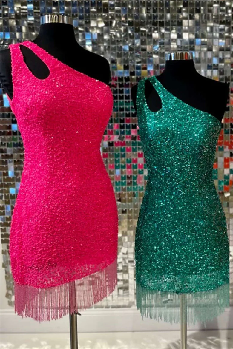 Luxury One Shoulder Sequin Bodycon Mini Homecoming Gown HM148