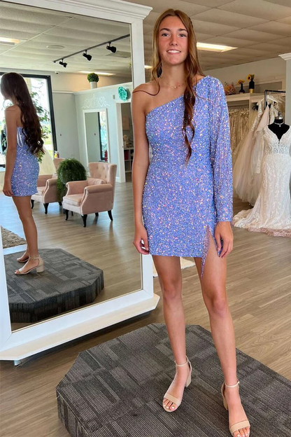 Sparkly One Shoulder Bodycon Mini Homecoming Gown HM150
