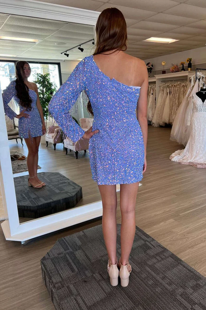 Sparkly One Shoulder Bodycon Mini Homecoming Gown HM150
