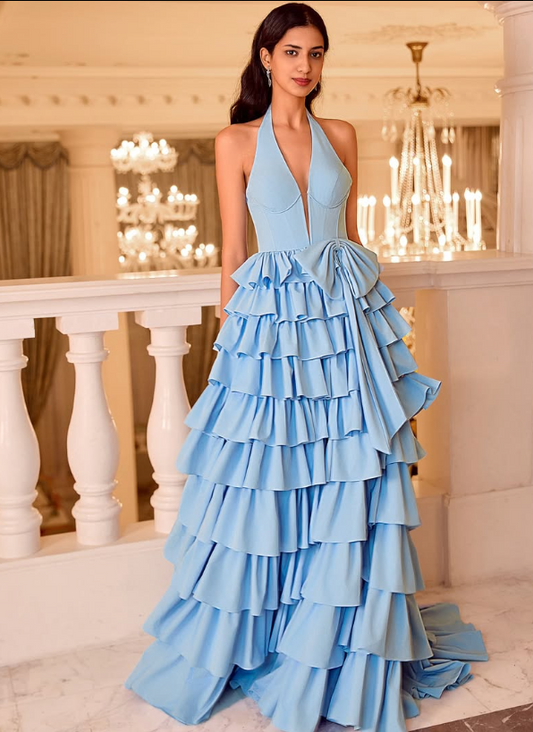 Gorgeous Blue Halter V-Neck A-Line Tiered Satin Prom Dress with Bow SP003