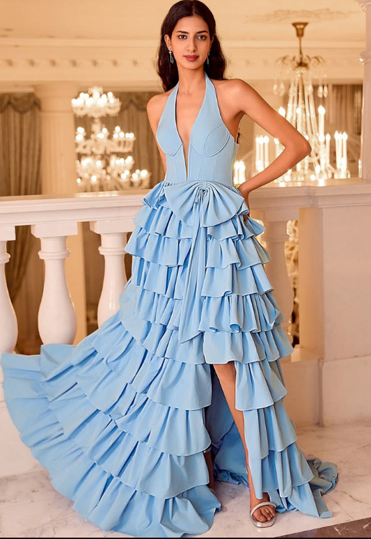 Gorgeous Blue Halter V-Neck A-Line Tiered Satin Prom Dress with Bow SP003