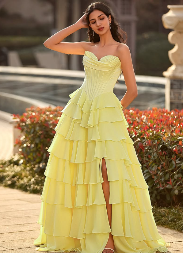 Graceful Yellow Sweetheart A-Line Tiered Prom Dress with Slit SP004