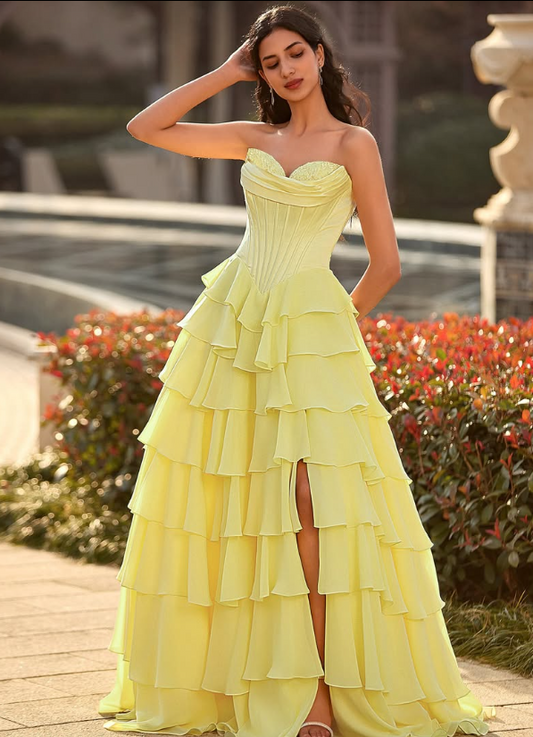 Graceful Yellow Sweetheart A-Line Tiered Prom Dress with Slit SP004