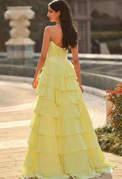 Graceful Yellow Sweetheart A-Line Tiered Prom Dress with Slit SP004