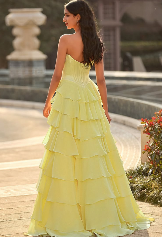 Graceful Yellow Sweetheart A-Line Tiered Prom Dress with Slit SP004