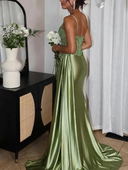 Elegant Spaghetti Straps Sage Appliques Satin Prom Dress with Slit SP005