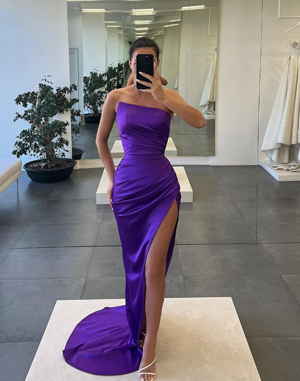 Simple Pink Tube Top Sheath Pleated Satin Prom Dress with Side Slit SP006