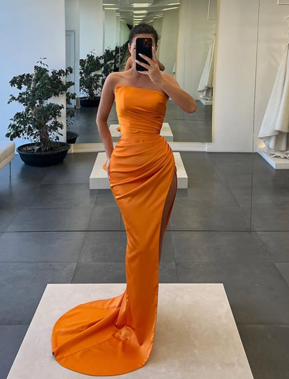 Simple Pink Tube Top Sheath Pleated Satin Prom Dress with Side Slit SP006