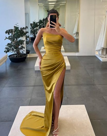 Simple Pink Tube Top Sheath Pleated Satin Prom Dress with Side Slit SP006