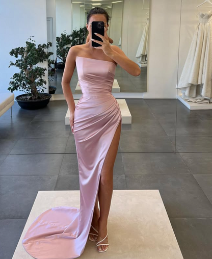 Simple Pink Tube Top Sheath Pleated Satin Prom Dress with Side Slit SP006