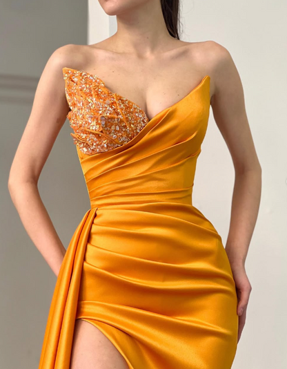 Charming Sequined Sweetheart Emerald Green Satin Prom Dress with Slit SP007