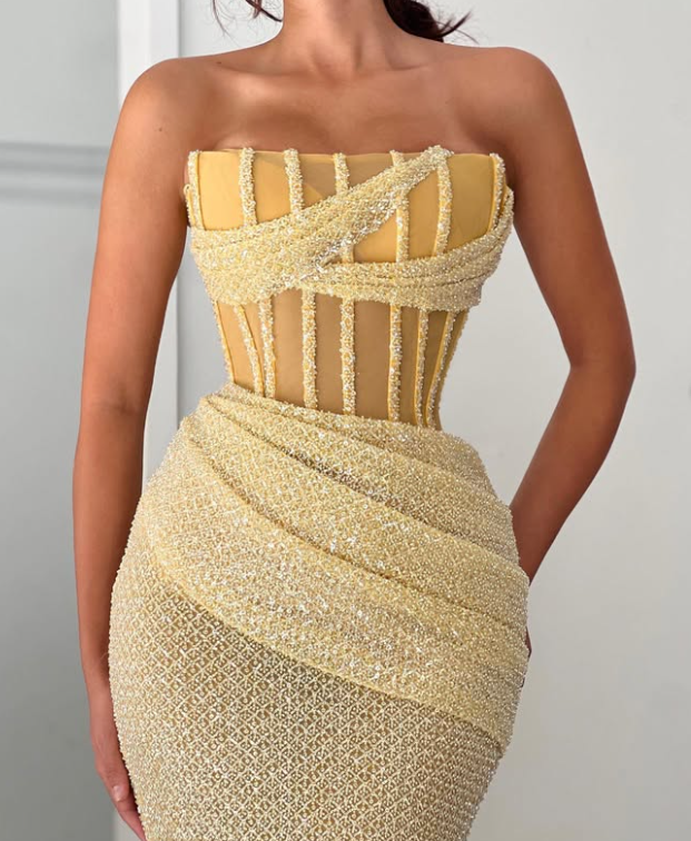 Graceful Tube Top Mermaid Yellow Pleated Sequin Prom Dress SP008