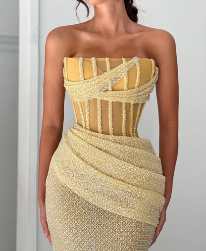 Graceful Tube Top Mermaid Yellow Pleated Sequin Prom Dress SP008