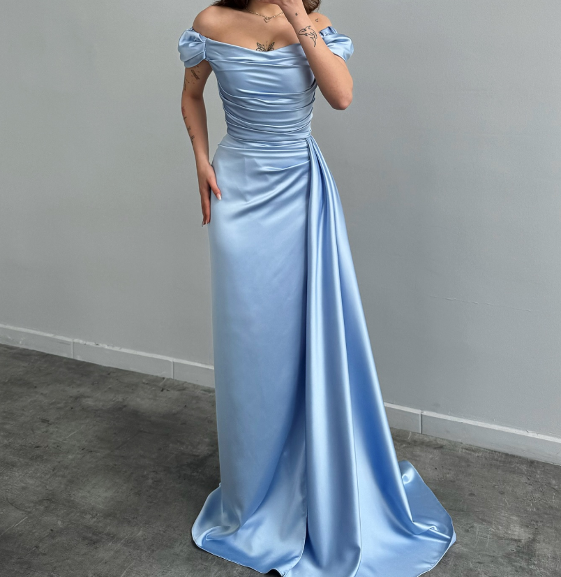 Simple Off-Shoulder Sky Blue Sheath Satin Prom Dress with Overskirt Party Gown SP009