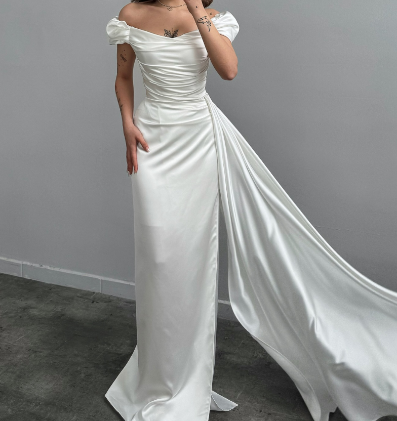 Simple Off-Shoulder Sky Blue Sheath Satin Prom Dress with Overskirt Party Gown SP009