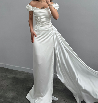 Simple Off-Shoulder Sky Blue Sheath Satin Prom Dress with Overskirt Party Gown SP009