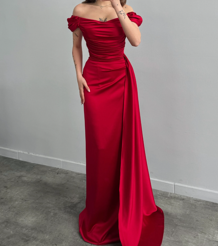 Simple Off-Shoulder Sky Blue Sheath Satin Prom Dress with Overskirt Party Gown SP009