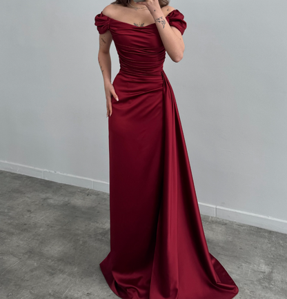 Simple Off-Shoulder Sky Blue Sheath Satin Prom Dress with Overskirt Party Gown SP009