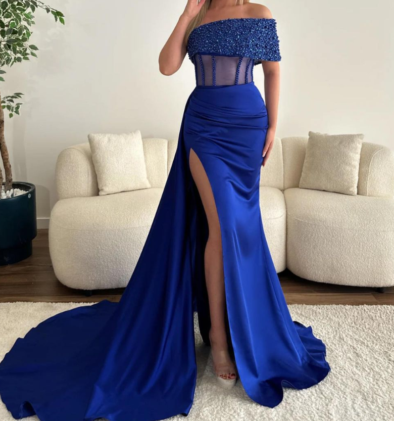 Sparkly Royal Blue One Shoulder Beaded Satin Prom Party Dress with Slit SP041