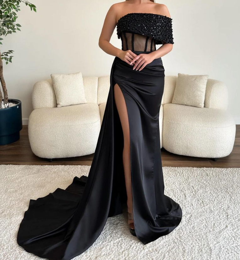 Sparkly Royal Blue One Shoulder Beaded Satin Prom Party Dress with Slit SP041