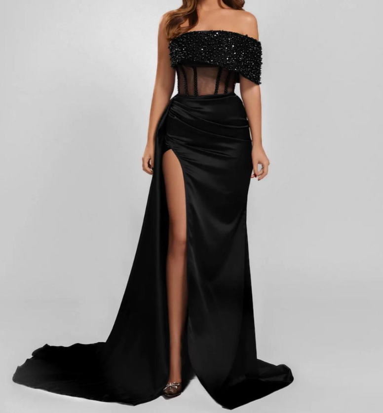 Sparkly Royal Blue One Shoulder Beaded Satin Prom Party Dress with Slit SP041