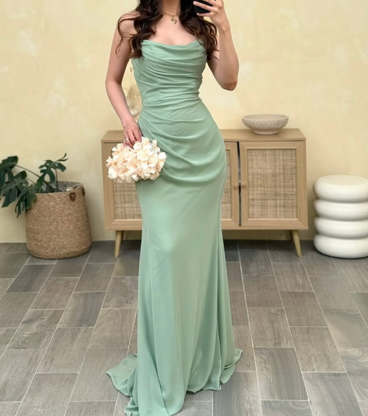 Classic Strapless Sage Green Lace-Up Mermaid Pleats Prom Dress SP011