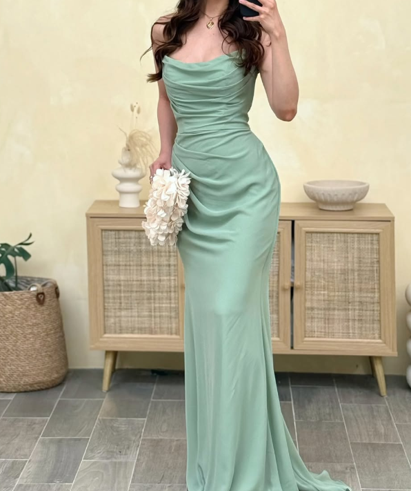 Classic Strapless Sage Green Lace-Up Mermaid Pleats Prom Dress SP011