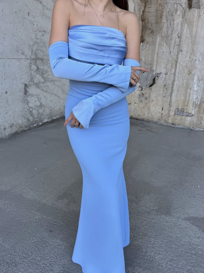Elegant Blue Strapless Mermaid Satin Prom Dress Formal Gown with Sleeves SP014