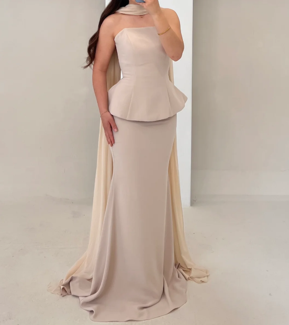 Elegant Tube Top Nude 2 pcs Mermaid Satin Prom Formal Gowns with Scarf SP012