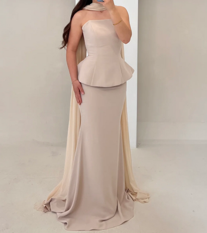 Elegant Tube Top Nude 2 pcs Mermaid Satin Prom Formal Gowns with Scarf SP012